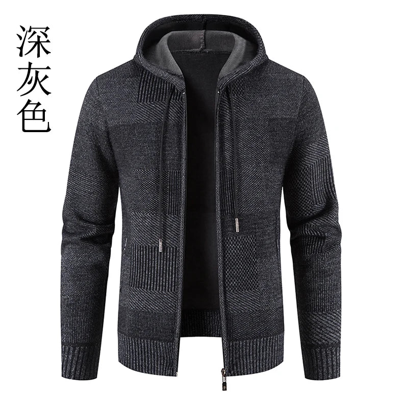 Men's Winter Sweater Jacket New Hooded Cardigan Knit Fashion Slim Fit Thick Warm Jumper Casual Zipper Hoodie Fleece Coat