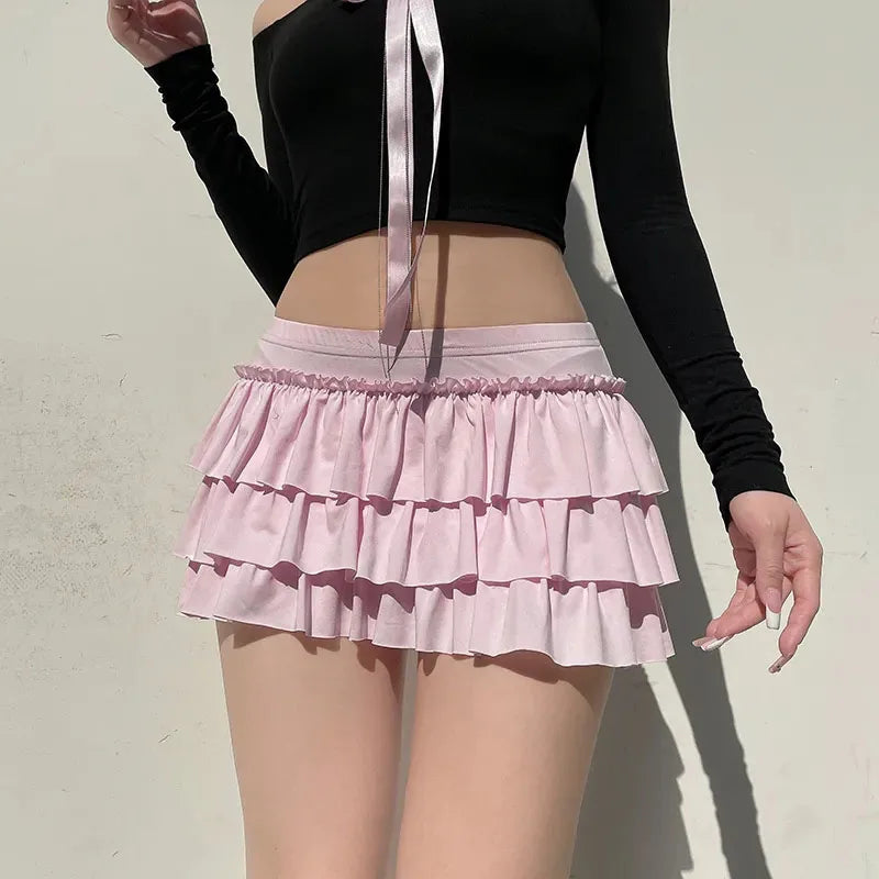 Bow Sweet A-Line Skirts Women Sexy Slim Low-Waist Casual Mini Skirts Y2K Female Summer Fashion Streetwear All-Match Pink Skirts