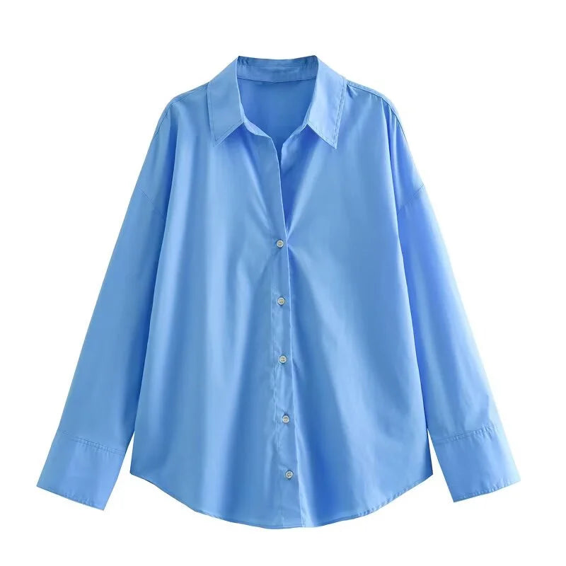 Traf 2025 women's spring new Europe-American fashion striped long sleeve lapel loose version poplin shirt multi-color selection