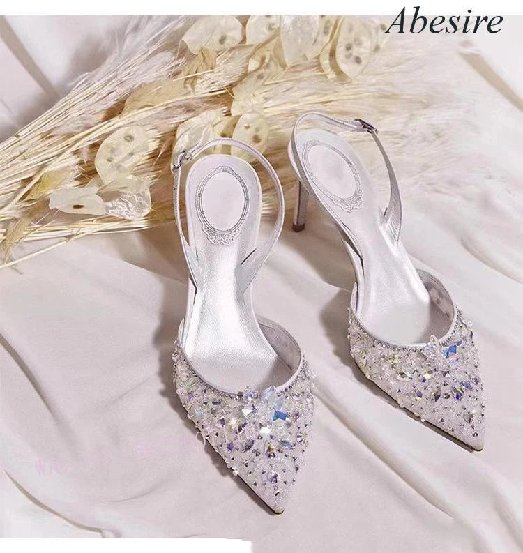New Style White Wedding Banquet Luxury Heeled Women's Single Shoes with Pointed Toe Diamond-Decorated Stilettos Toe Cap