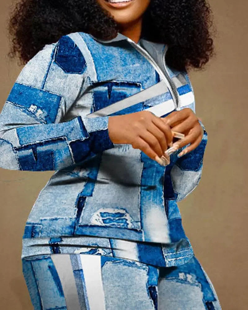 2023 Women Print Zipper Stand Collar Sheath Tops Two Piece Sets Full Sleeve Casual Long Straight Pants Set Autumn Winter