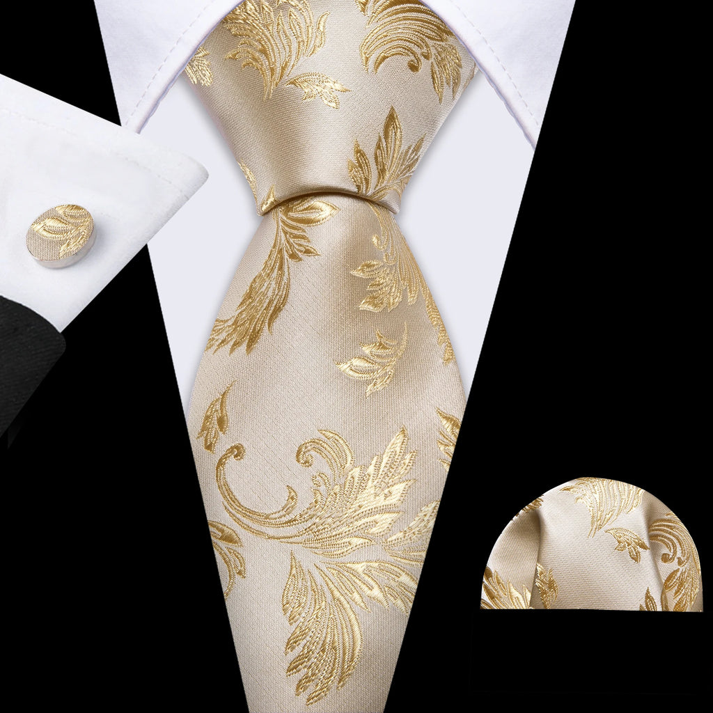 Barry.Wang Gold Beige Yellow Brown Tulip Silk Men Tie Handkerchief Cufflink Set Jacquard Necktie for Male Wedding Business Party