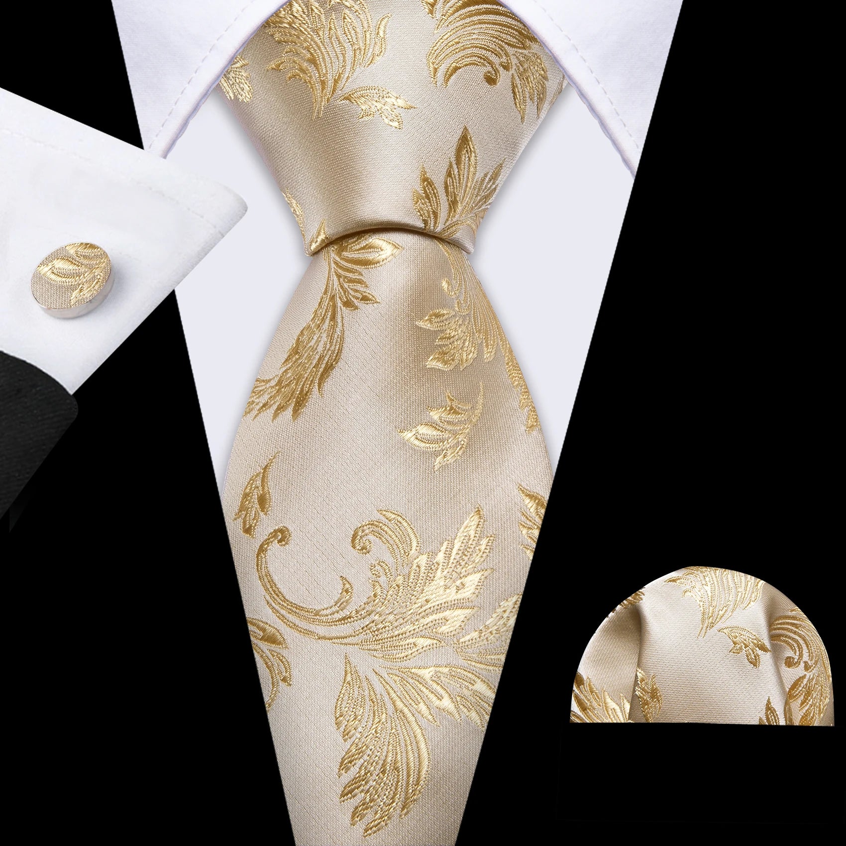 Barry.Wang Gold Beige Yellow Brown Tulip Silk Men Tie Handkerchief Cufflink Set Jacquard Necktie for Male Wedding Business Party