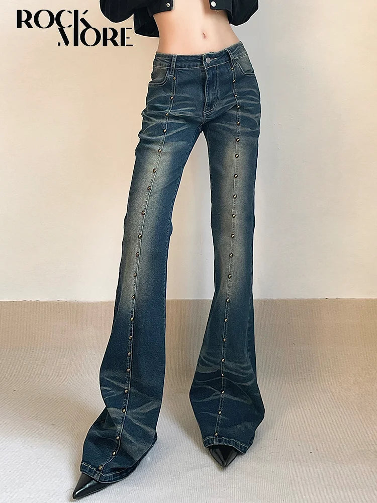 Rockmore Vintage Low Waist Flare Jeans Women Y2K Chic Rivet Slim Pencil Jean Pants Streetwear Fashion Retro Denim Trouser Korean