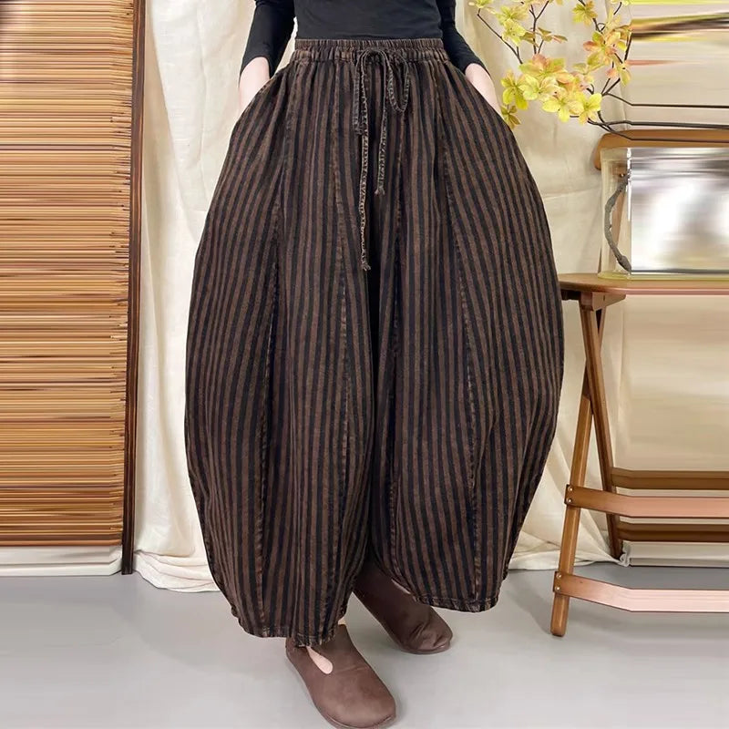 High Quality Cotton Linen Casual Pants Women New Arrival 2024 Autumn Vintage Style Striped Female High Waist Harem Pants M075