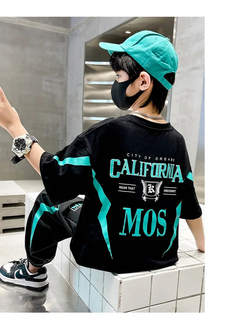 Summer Boys Cotton Alphabet Lightning T-Shirt Tops+Sweatpant School Kids 2PCS Tracksuit Child Jogger Outfit Workout Set 5-14 Yr