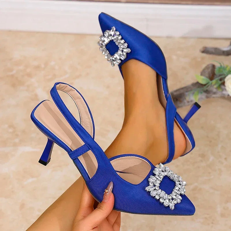 Elegant Ladies Crystal Buckle Pumps Summer 2025 Sexy Pointed Toe High Heels Sandals Women Back Strap Party Wedding Shoes Woman