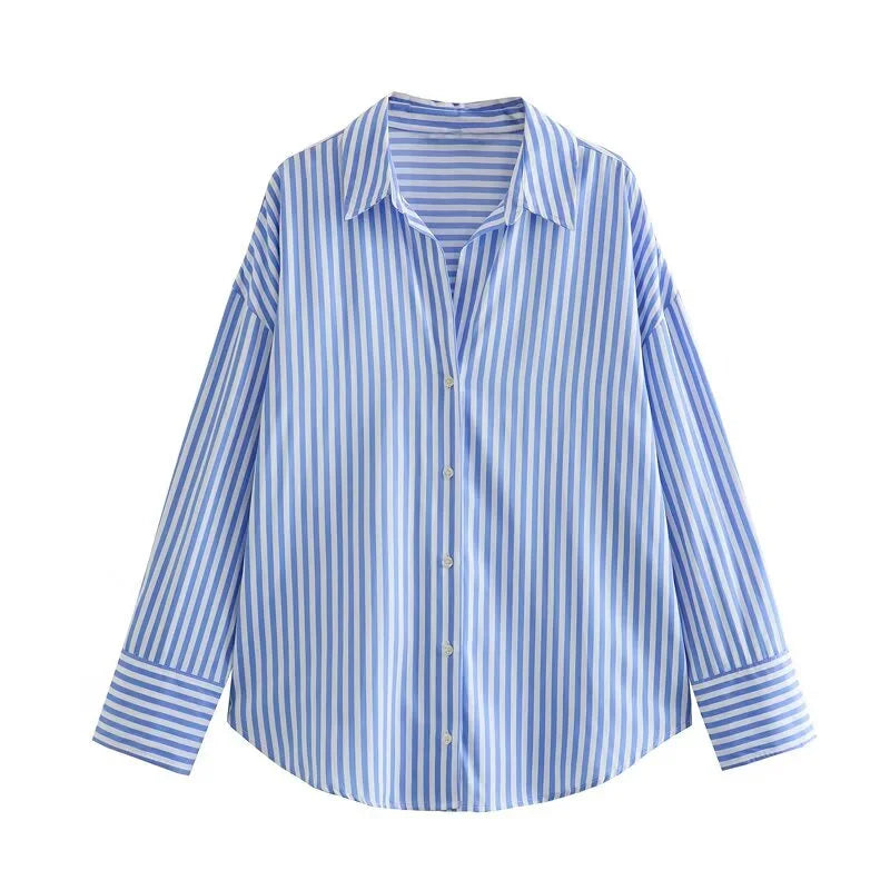 Traf 2025 women's spring new Europe-American fashion striped long sleeve lapel loose version poplin shirt multi-color selection
