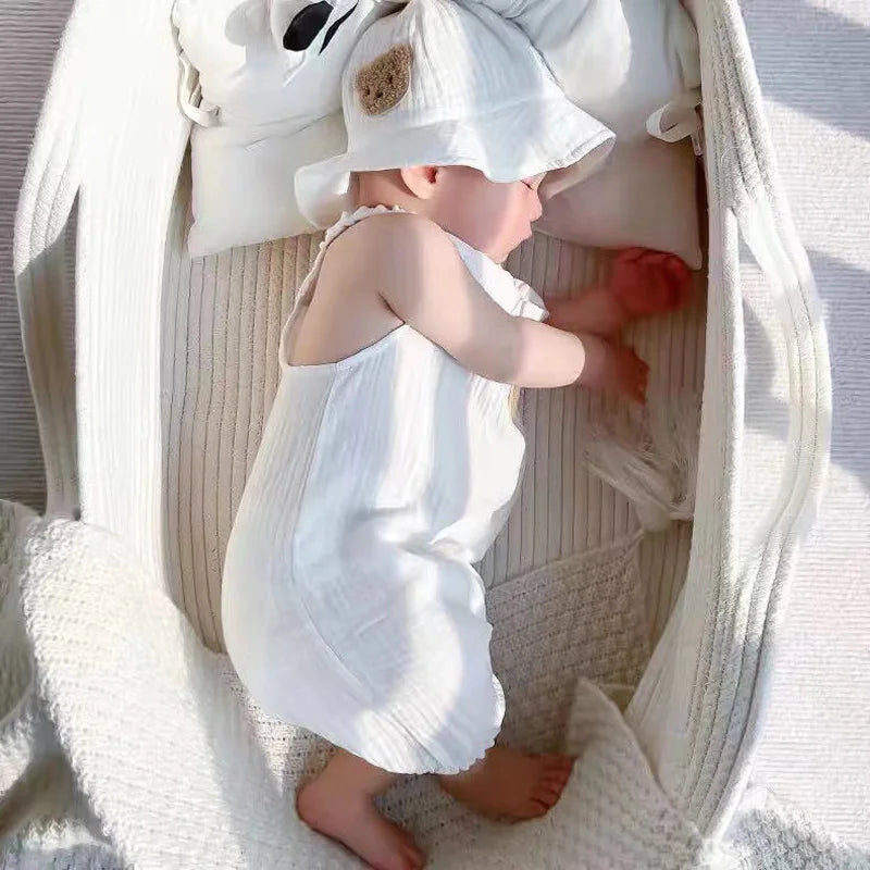 3Pcs Muslin Baby Jumpsuit Coat Hat Bear Baby Summer Clothes Set Kids Coat Romper White Toddler Outfit Suit Infant Clothing 0-3T