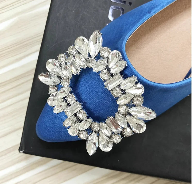 Women Green Blue Shoes Silk Null Plain Flats Pointed Toe Slip-On With Crystal Buckle Shallow Mouth Cute Retro Tacons  32-48 28cm