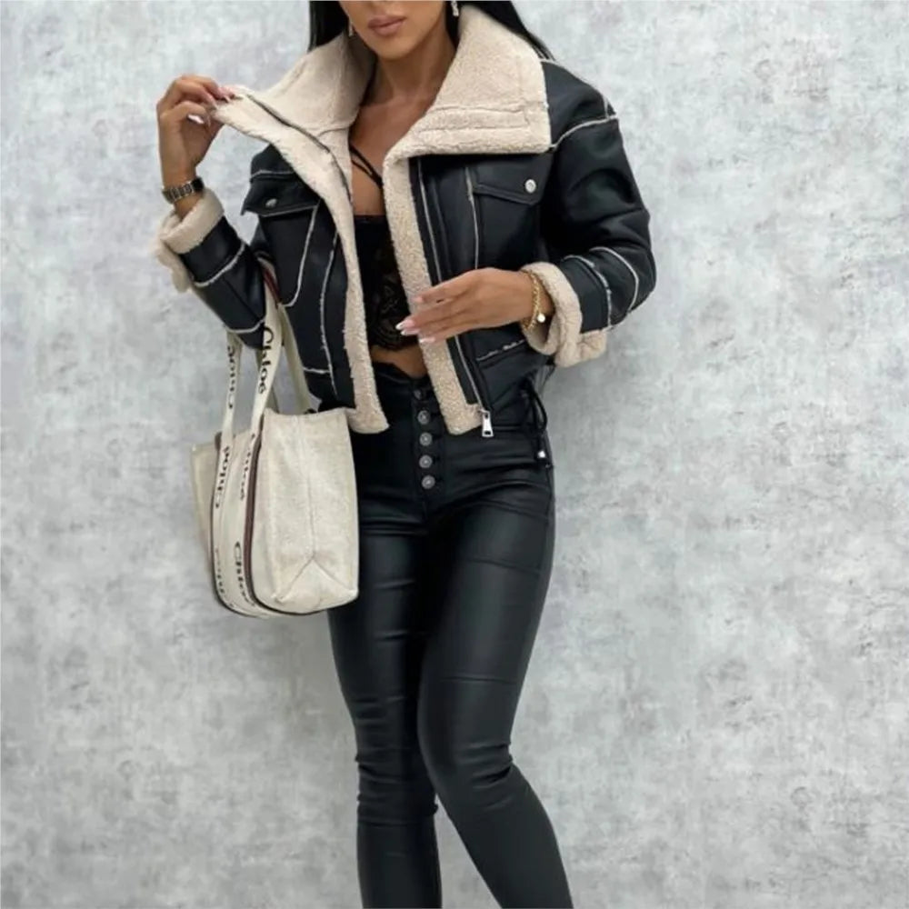 2025 Autumn Winter Women's Jacket New Fashion Lamb Fur Splicing Short Coat Zipper Motorcycle PU Leather Jacket Tops Female