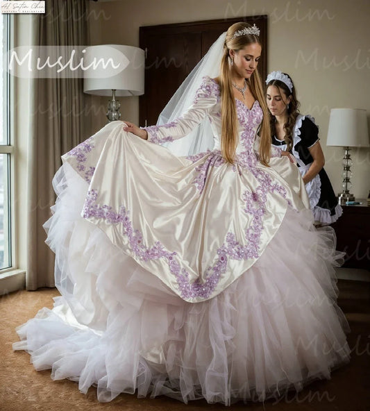 Fantasy Victorian Wedding Dress With Lilac Lace Princess Long Sleeve Medieval Bridal Gowns 2025 Enchanting 80s Bride  Customized