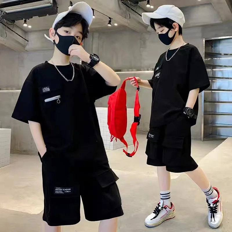 Summer Boys Sets Children Casual Clothing Suits Teenager Sports T-shirts Suits Big Kids Short Sleeves Tops+Shorts 2Pcs Outfits