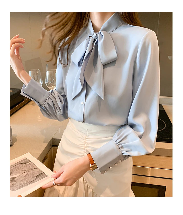 H Han Queen New Arrival Shirt Womens Blouse Vintage Work Casual Tops Chiffon Blouse Bow Elegant Loose Women Business Shirts 2021