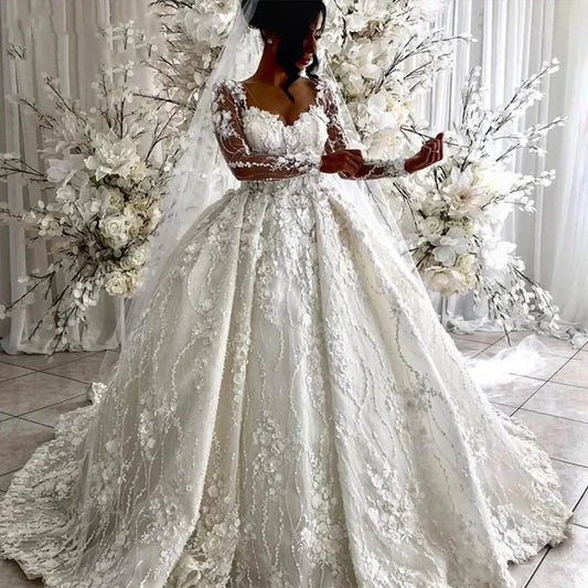 Customized Vintage Full Lace Wedding Dresses Arabic 3D Floral Illusion Long Sleeves Bridal Gowns V Neck Vestidos