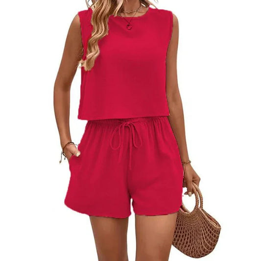 New Lady Classic Baggy Comfortable Sleeveless Top Shorts Set Women Solid Round Neck Top Female Drawstring Elastic Waisted Shorts