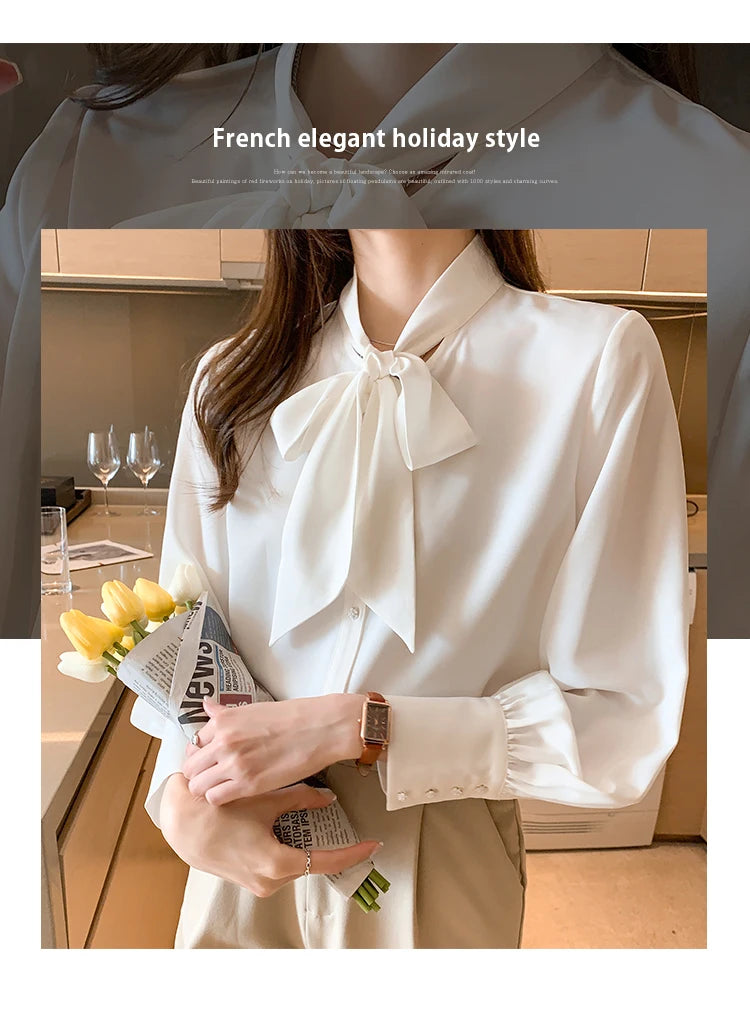 H Han Queen New Arrival Shirt Womens Blouse Vintage Work Casual Tops Chiffon Blouse Bow Elegant Loose Women Business Shirts 2021