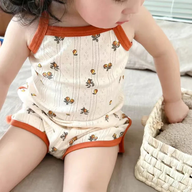 2024 Summer New Baby Sleeveless Tops And Tight Waist Shorts 2 Pieces Suit Girls Square Collar Clothing Set Kids Cotton Clothes