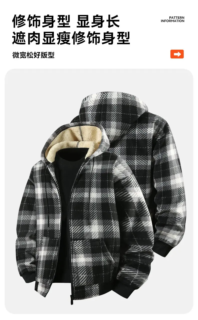 Winter Fashionable Trendy Grid Thickened Warm Lamb Fleece Jacket for Men's Casual Loose Sports Large Size High Quality Jacket