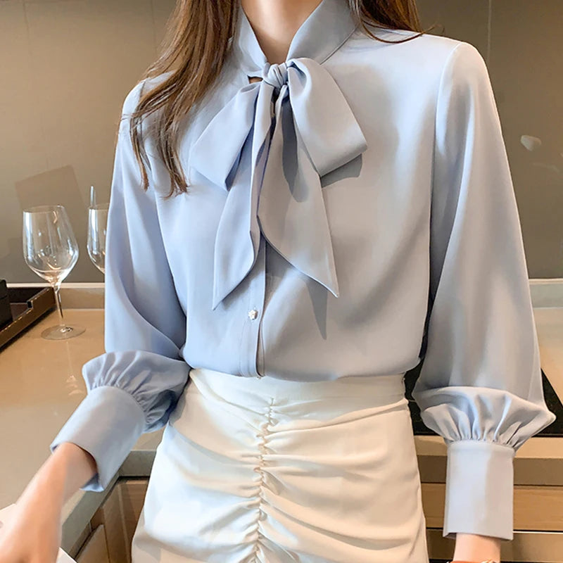 H Han Queen New Arrival Shirt Womens Blouse Vintage Work Casual Tops Chiffon Blouse Bow Elegant Loose Women Business Shirts 2021