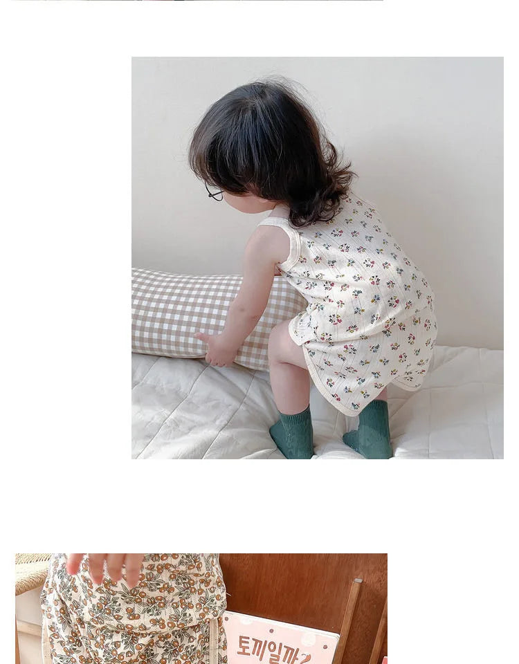 2024 Summer New Baby Sleeveless Tops And Tight Waist Shorts 2 Pieces Suit Girls Square Collar Clothing Set Kids Cotton Clothes