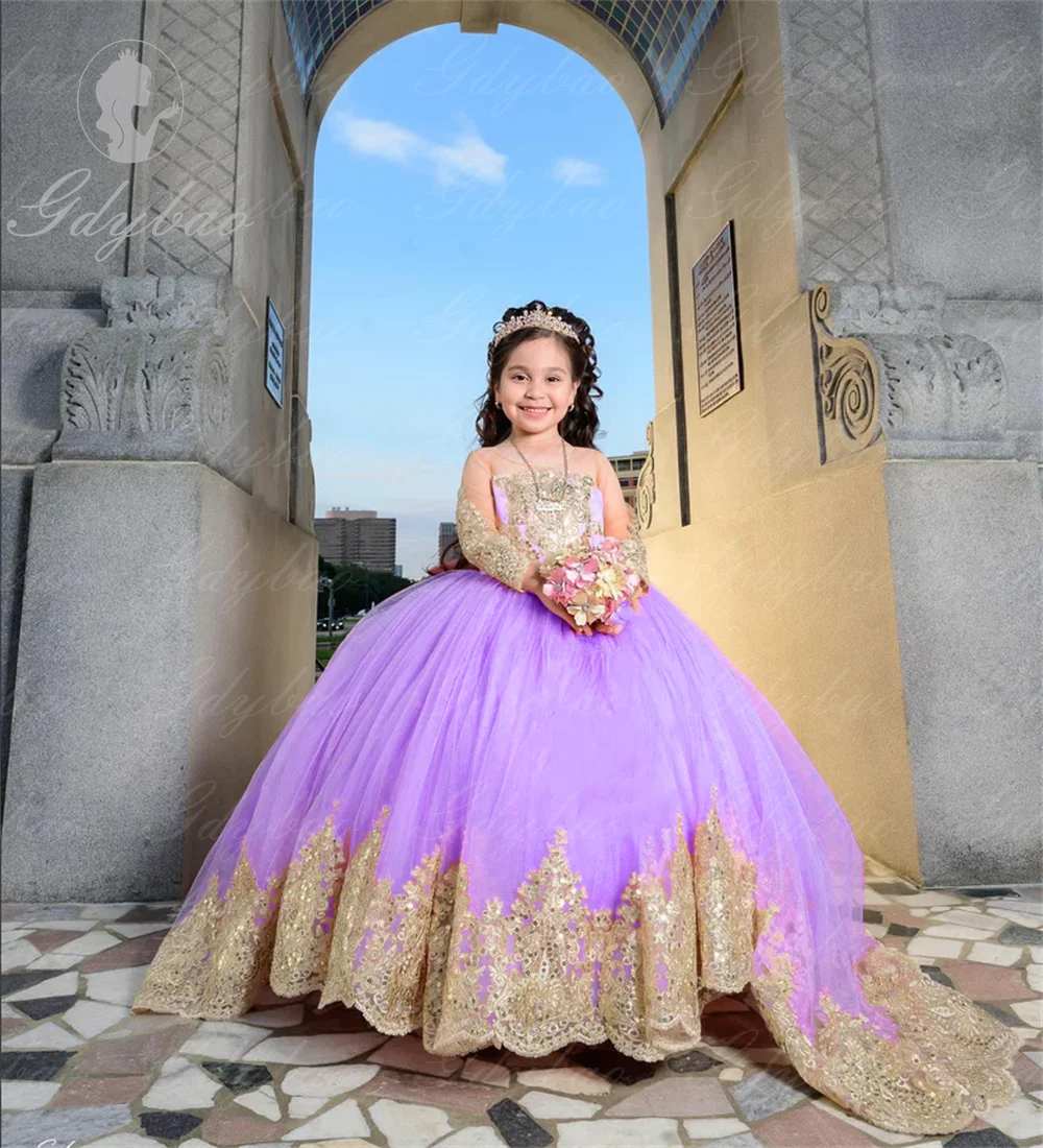 Wedding Long Sleeves Flower Girl Dresses Golden Decal Tulle Children's  Bow Party Birthday Pageant Robe Holy First Communion