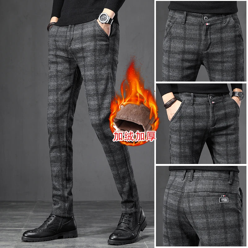 Winter Fleece Warm Pants Men England Plaid High Quality Business Slim Cotton Long Trousers Male Black Gray Pant Big Size 28-38