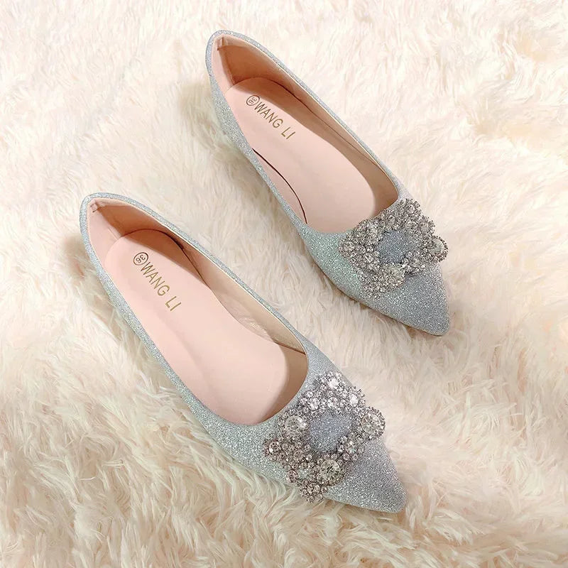 Wedding Shoes Woman Square Buckle Crystal Pointed Toe Flats Glitter Shallow Slip On Comfy Loafers Bling Bling