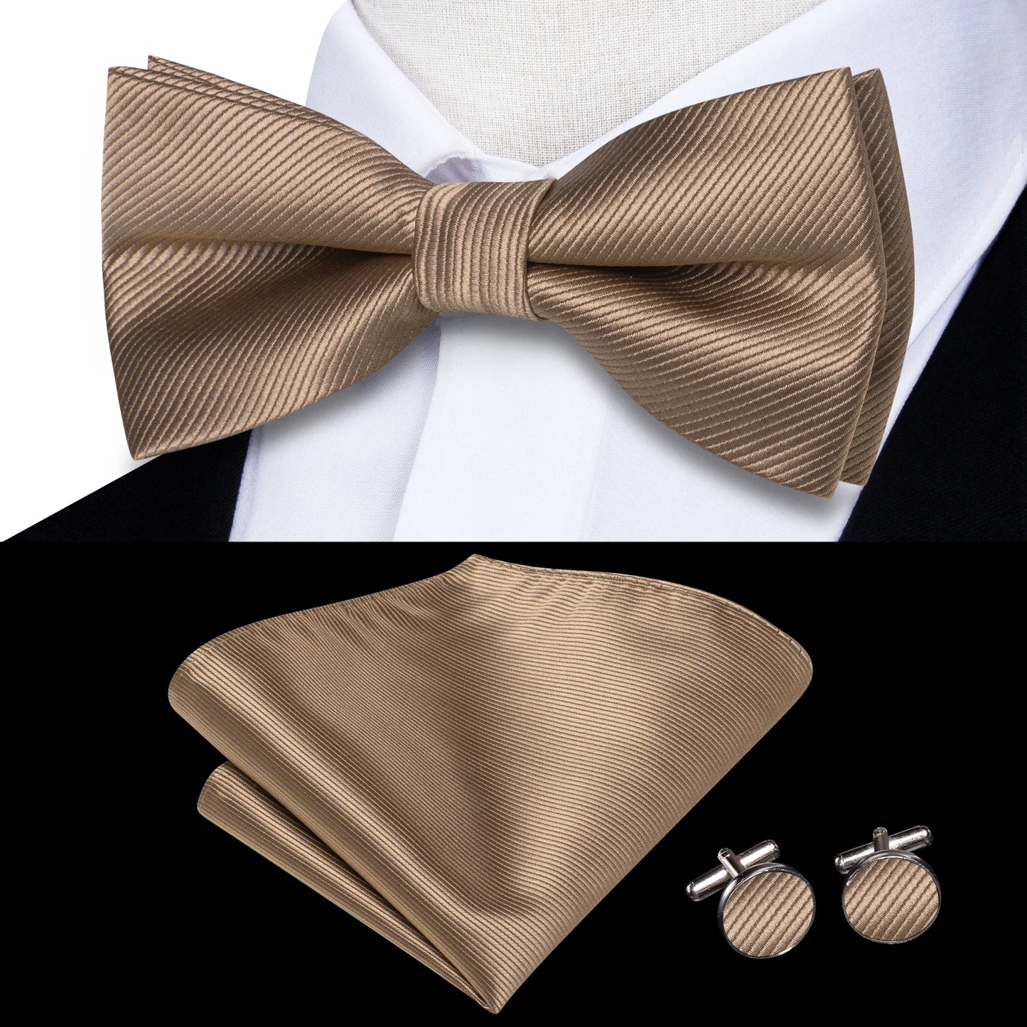 Hi-Tie Pink Dot Silk Mens Pre-tied Bow Tie Hanky Cufflink Set Dusty Pink Butterfly Knot Bowtie for Male Wedding Business