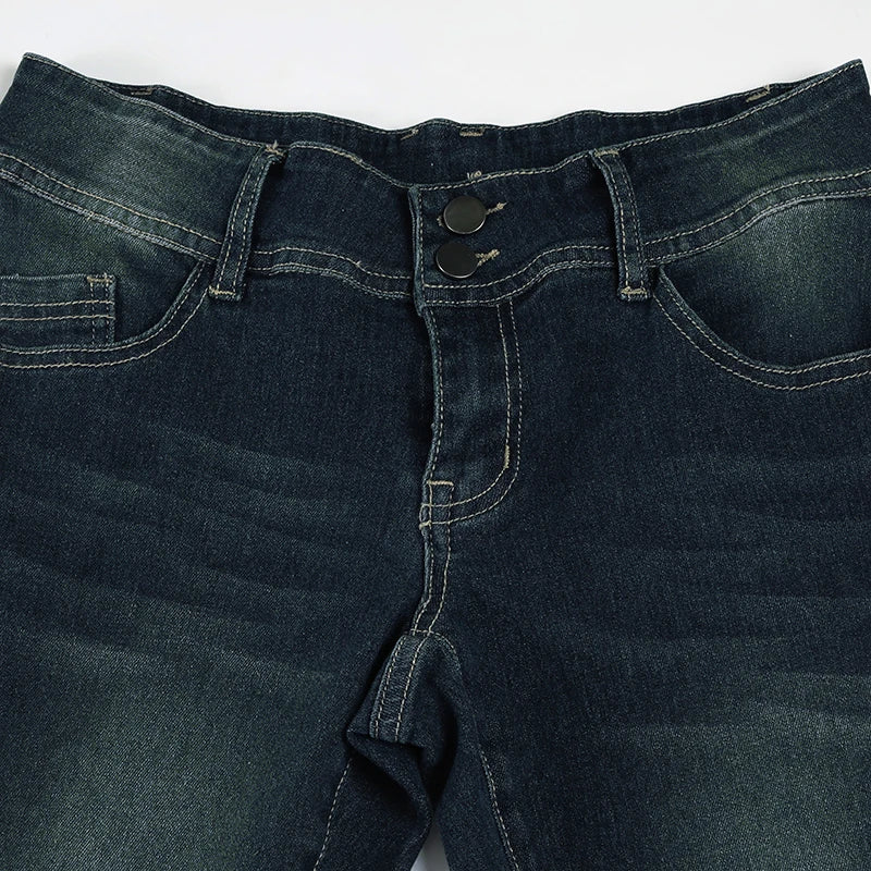 Cuteandpsycho Fashion Low Waisted Washed Flared Jeans Button Harajuku Aesthetic Pants Streetwear Basic Slim Pockets Y2K Bottoms