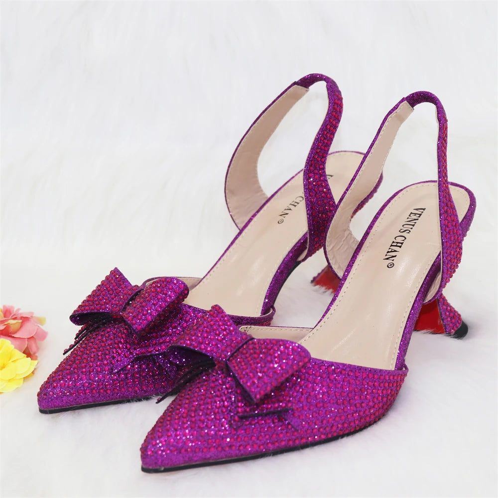 Venus Chan Bridal High Heels for Women 2023 Pointed Toe With Bows Gold Color Rhinestone  Elegant Party Wedding Shoe and Bag Set