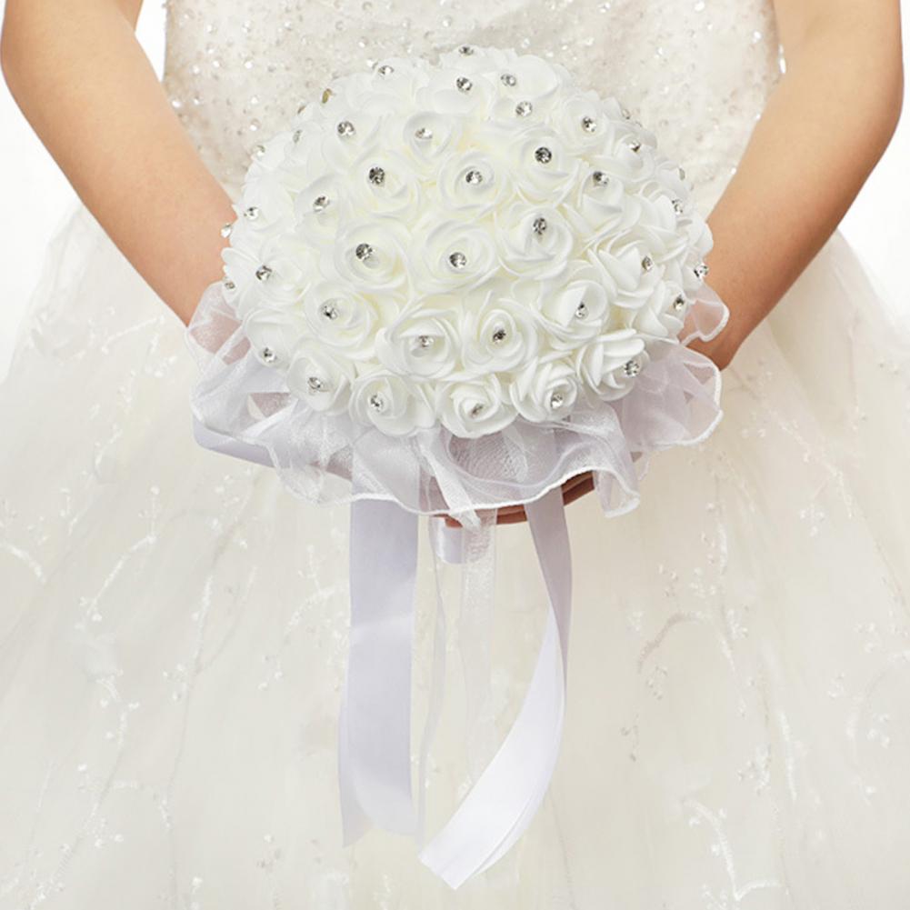 White Faux Silk Diamond Flower Ribbon Bouquet Wedding Bridal Holding Rose Bouquet Fake Flower for Wedding Decoration Flowers