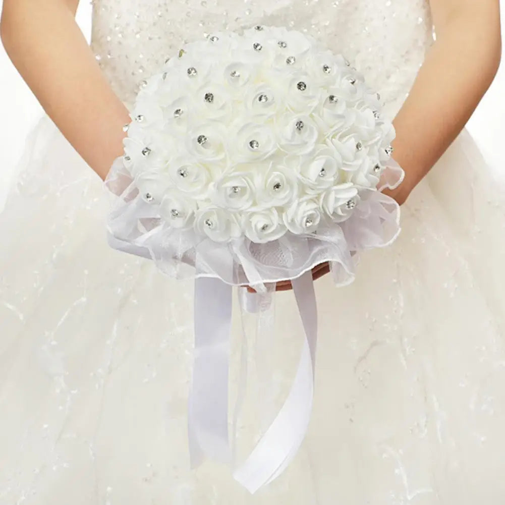 White Faux Silk Diamond Flower Ribbon Bouquet Wedding Bridal Holding Rose Bouquet Fake Flower for Wedding Decoration Flowers
