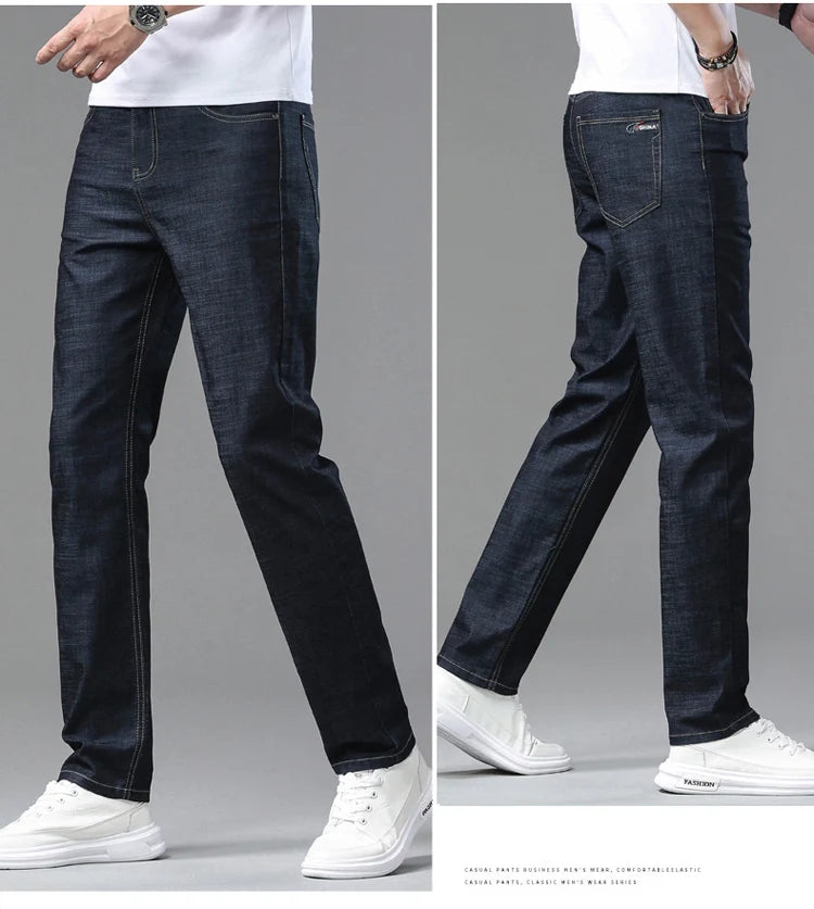 2025 Spring Summer Thin Classic Men's Business Jeans Stretch Trousers Casual Straight Denim Pants  Brand Male Clothing 28-40