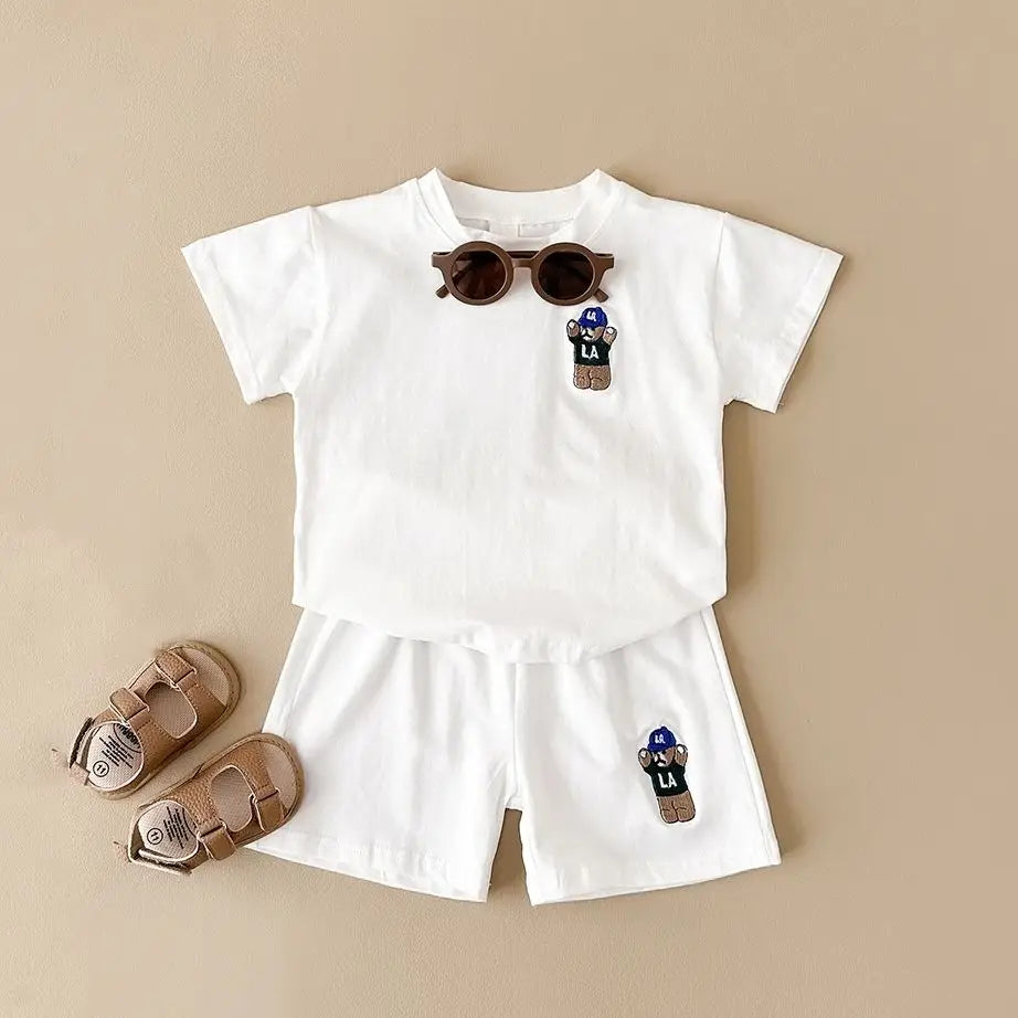 INS Summer Baby Boys Clothes Baby Girls Suit Bear Embroidery Thin Sports T-shirt Baby Cotton Infant Outfit Set Children Clothing