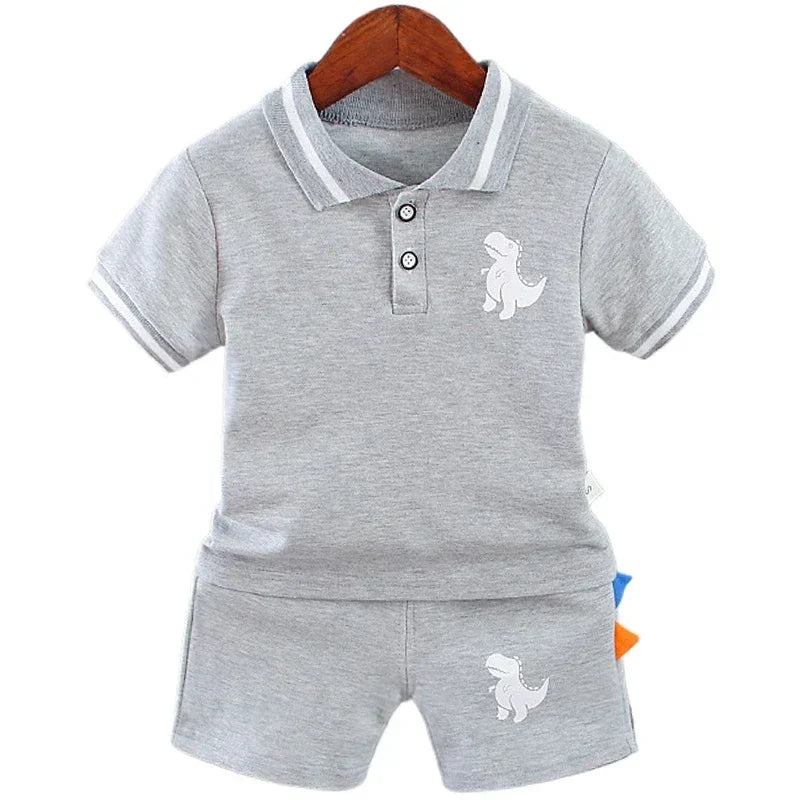 Summer Kids Outfits Baby Boys Clothes Set Dinosaur Printed Turn-down Collar T-Shirts Tops+ Shorts 2PCS/Suit Infant Clothing Sets
