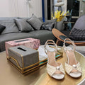 Summer Sandals Classic Women Shoes Round Toe High Heels Pearl Decor Genuine Leather Buckle Strap Women Sandals Sapato Feminino