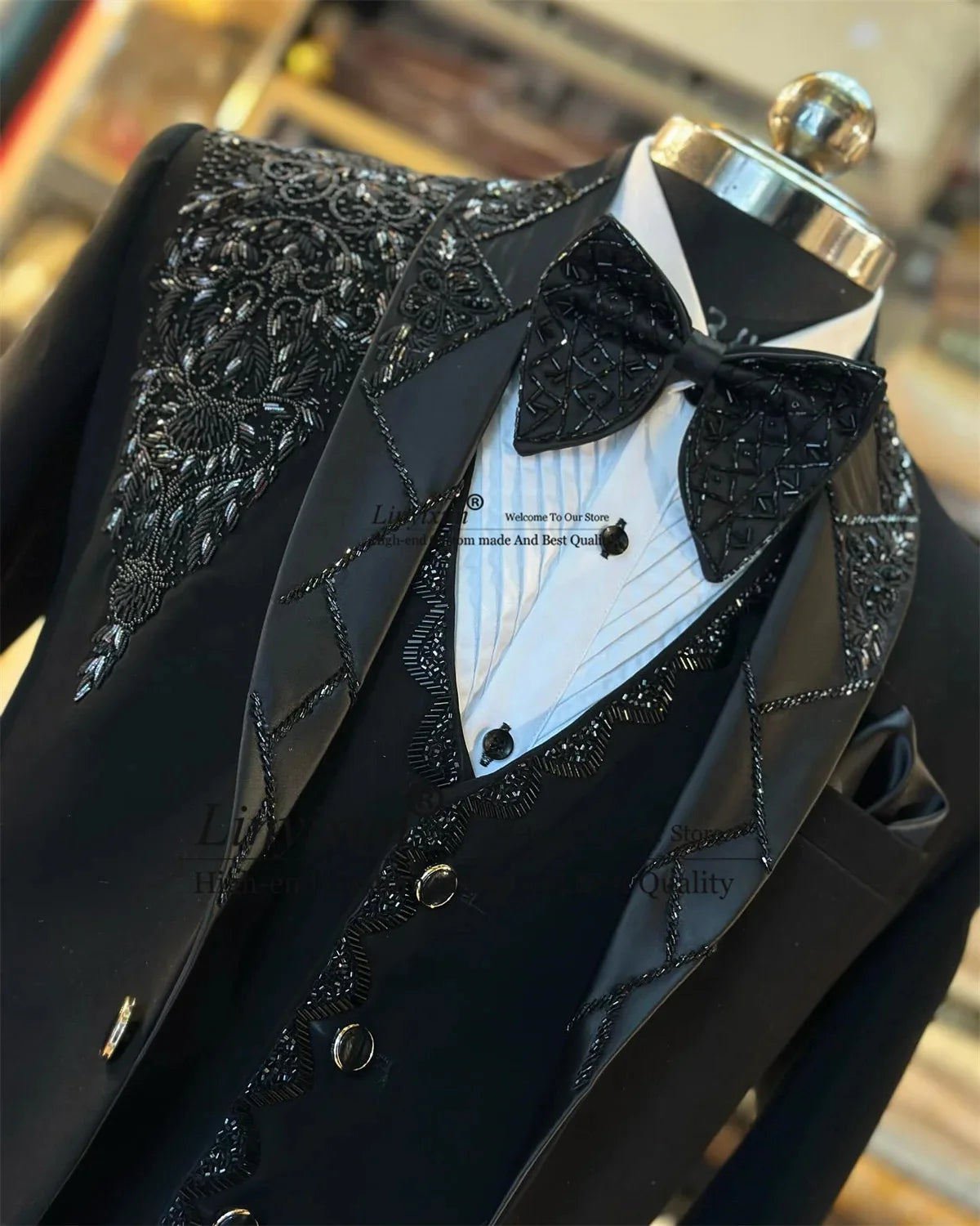 Luxury Metal Diamond Embellished Men Suit Glitter Wedding Prom Blazers 3 Pieces Set Groom Tuxedos Slim Fit trajes para hombre