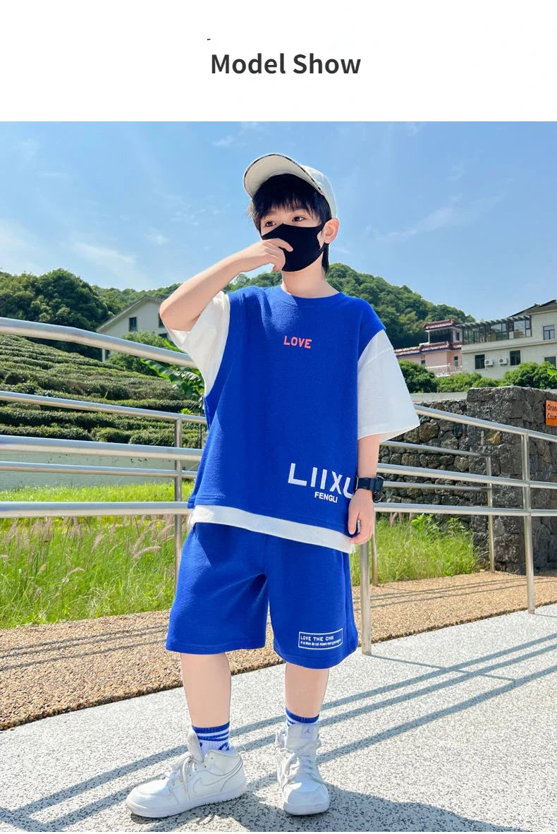 Junior Boys Summer Suit Children's Fashion Patchwork Short Sleeve Shorts Sports Suit Clothing 3-14Y Trend