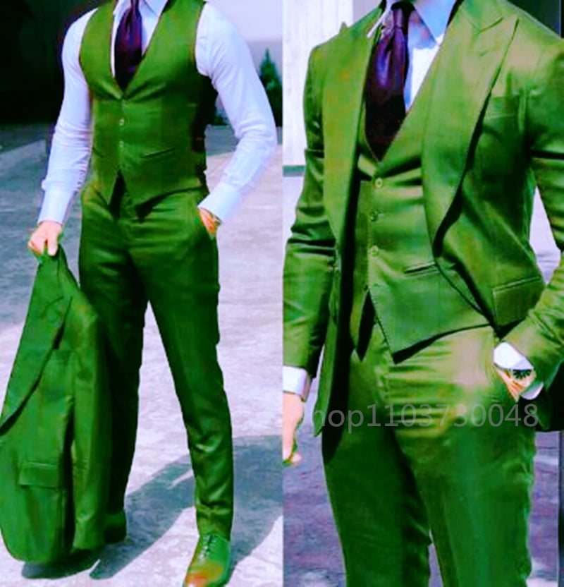 Solid Color Fashion Men Boutique Business Suits Wedding Suit Formal Groom Tuxedos 3 Pcs Set Dress Peak Lapel Blazer Vest Pants