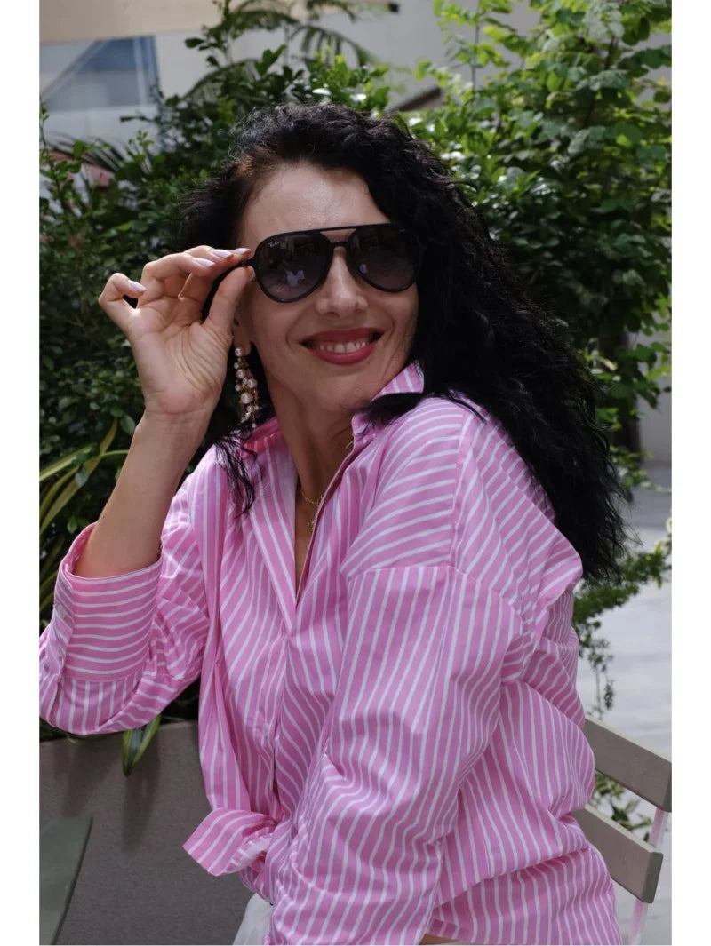 Traf 2025 women's spring new Europe-American fashion striped long sleeve lapel loose version poplin shirt multi-color selection