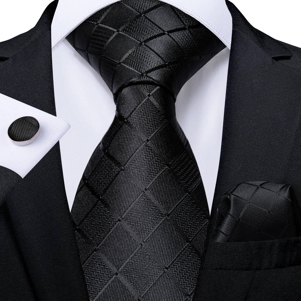 Solid Black Plaid Men's 8cm Polyester Neck Tie Handkerchief Cufflinks Set with Gift Box Tie Clip Birthday Anniversary Gift