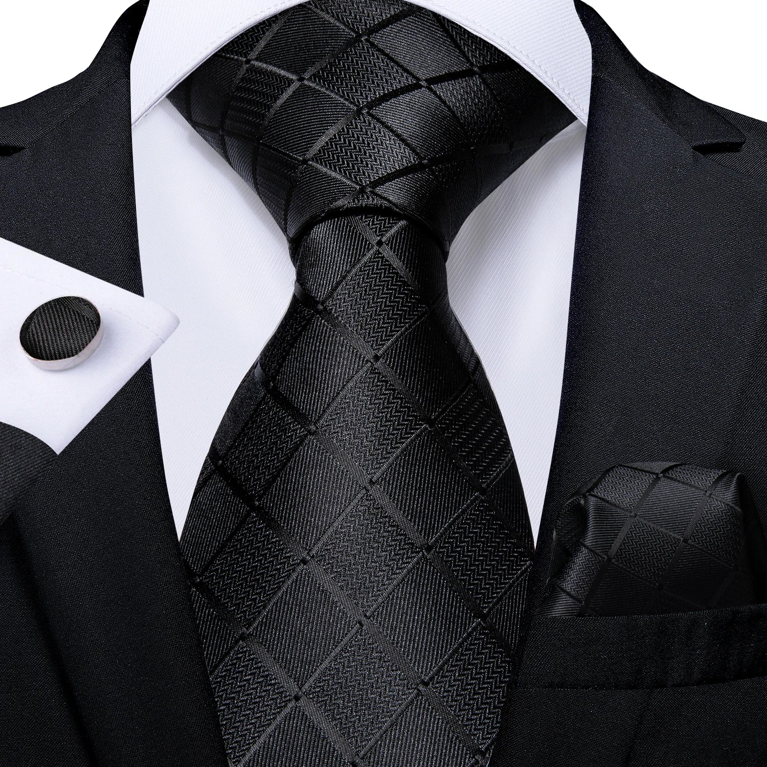 Solid Black Plaid Men's 8cm Polyester Neck Tie Handkerchief Cufflinks Set with Gift Box Tie Clip Birthday Anniversary Gift