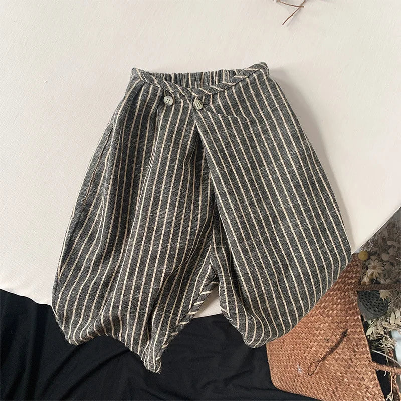 Children's Retro Striped Cotton And Linen Pant Spring Autumn New Japanese Boys And Girls Casual Loose Wide-Leg Pants WTP122