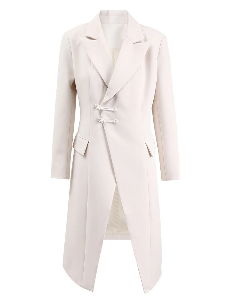 [EAM] Women Beige Irregular Hem Buckle Long Elegant Blazer New Lapel Long Sleeve Jacket Fashion Tide Spring Autumn 2025 CPDB133