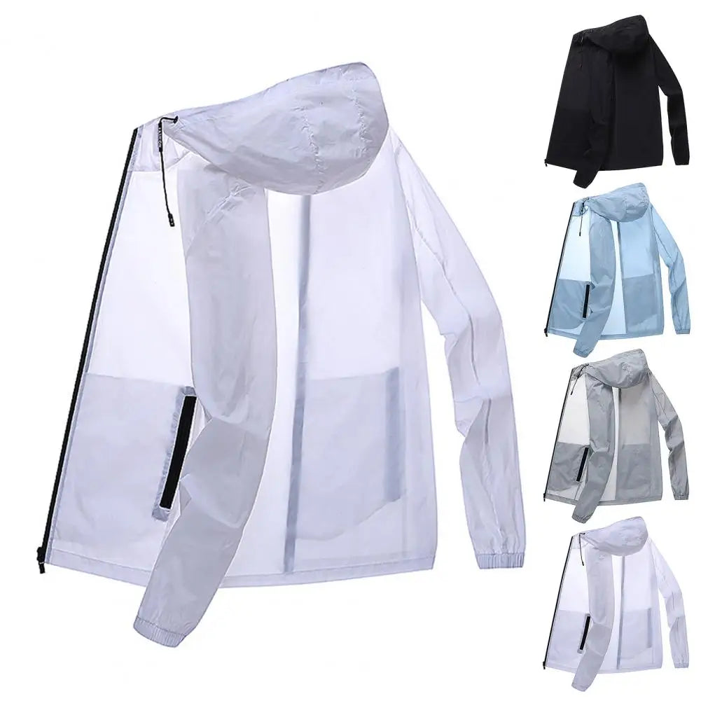 Men Summer Sunscreen Coat Hooded Thin Anti-UV Zipper Closure Solid Color Sunshade Long Sleeves Plus Size Fishing Men Summer Jack