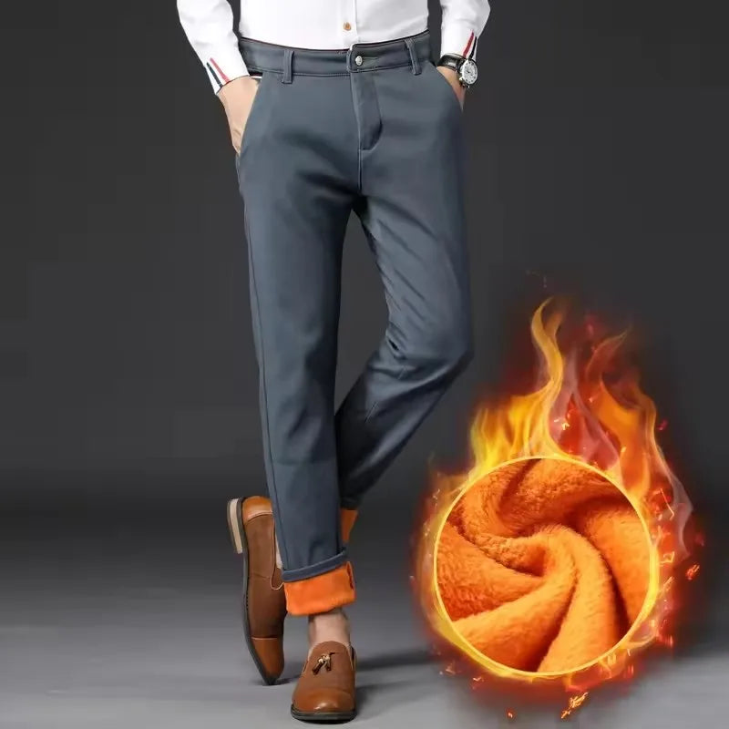 Winter Men Korean Fashion Straight Leg Pants Winter Snow Warm Thermal Thicken Casual Pants New Fleece Slim Fit Business Trousers