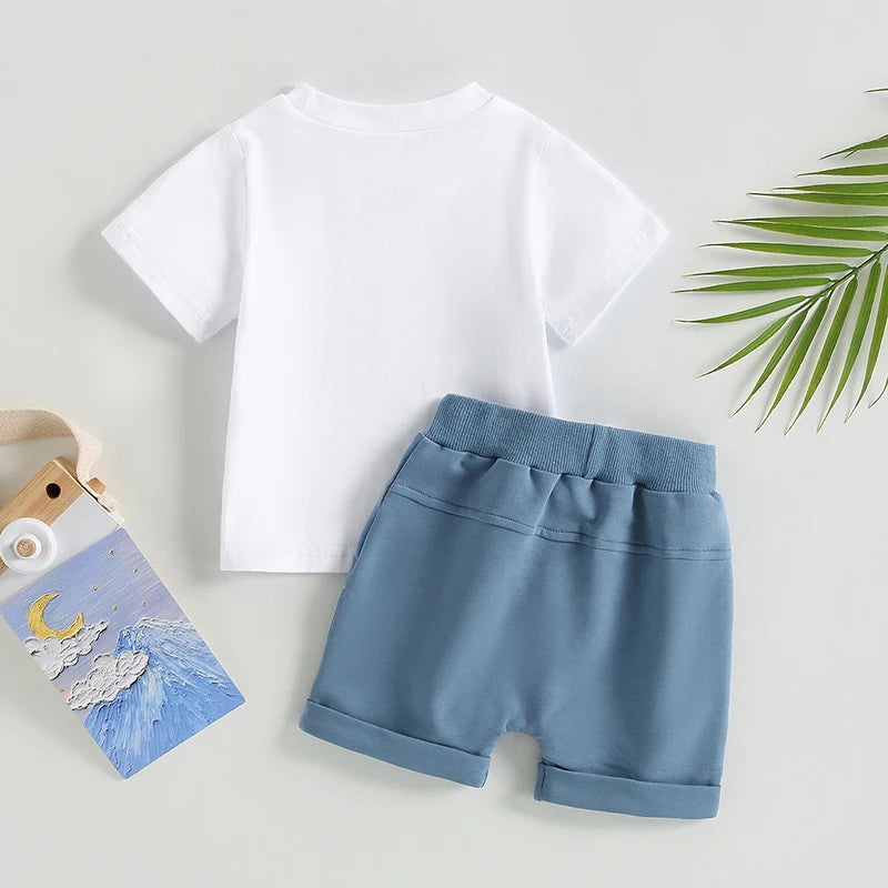 VISgogo Toddler Baby Boys Clothes Set Short Sleeve Letter Print T-shirt Elastic Waist Drawstring Shorts Summer Casual Outfit