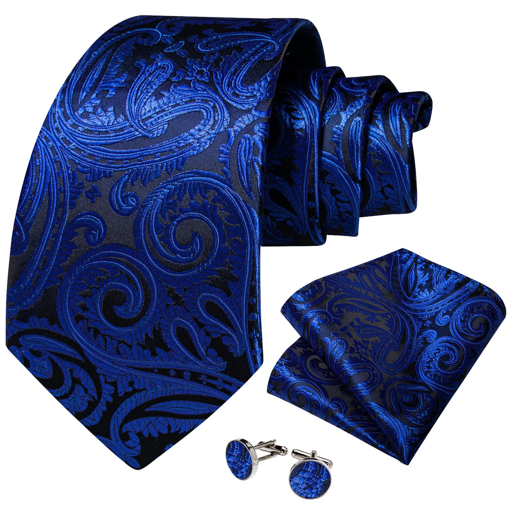 Royal Blue Paisley Plaid Striped Men tie Set with Handkerchief Cufflinks Wedding Prom Groom Accessories Perfect Gift for Men