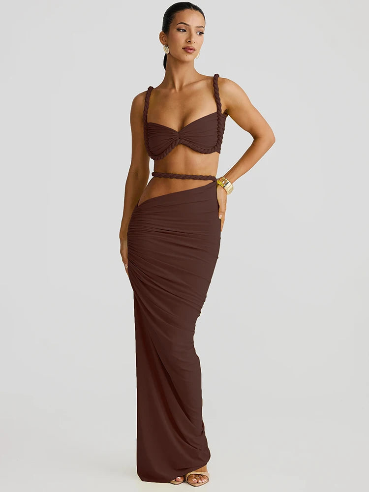 Nibber Sexy Women 2 Piece Set Bandage Ruched Square Collar Bra+Skinny Long Skirts 2025 Summer Vacation Beach Party Trend Suits
